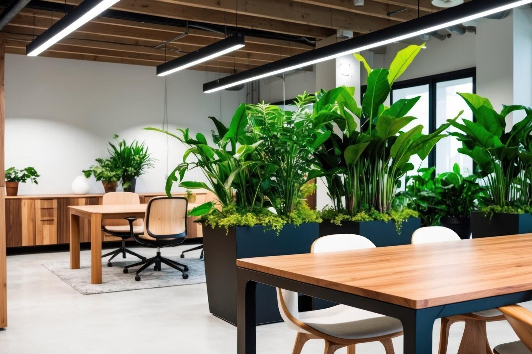 Vergaderruimte met een houten tafel en kunstplanten als afscheiding