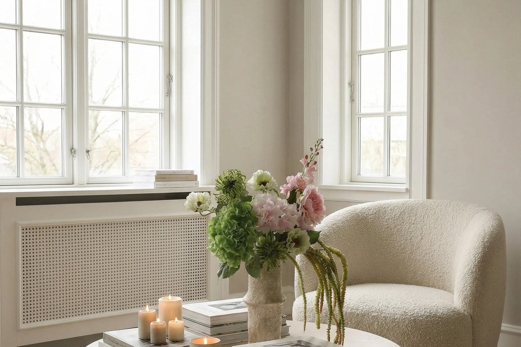 Boeket kunstbloemen op een salontafel naast een fauteuil