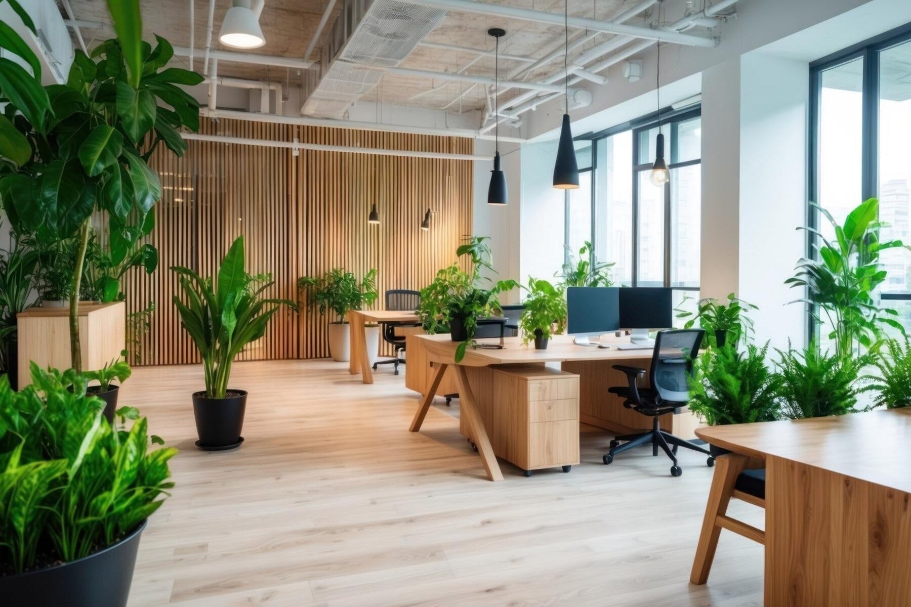 Kantoortuin met kunstplanten langs de werkplekken