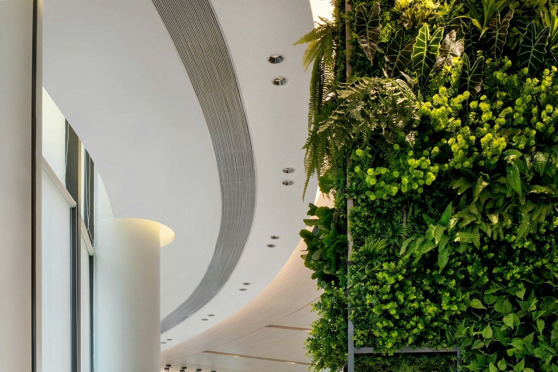 Groene plantenwand in een lobby met zitgedeelte