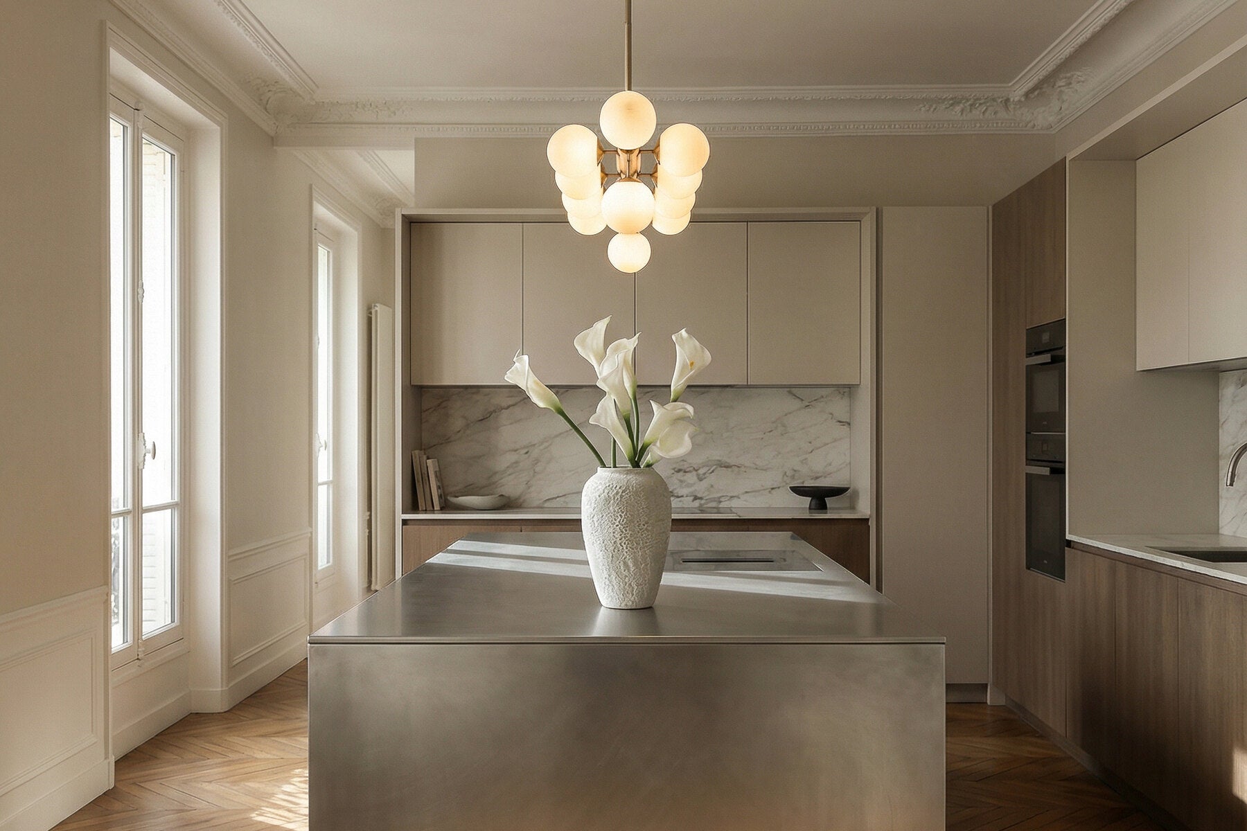 Wit kalla-arrangement van zijden bloemen op een tafel in een licht interieur