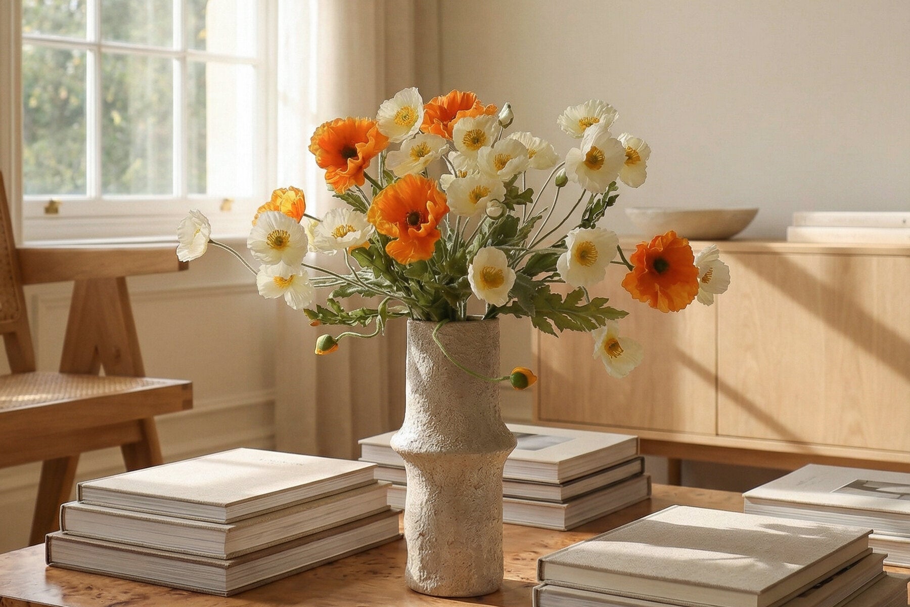 Veldboeket van zijden bloemen met oranje en witte papavers in een lichte vaas